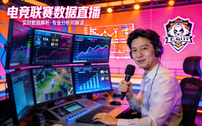 电竞联赛数据直播服务 - 多巴胺色调的演播室内，分析师正在解说电竞比赛实时数据