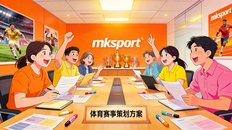 mksport体育团队会议场景 - 充满活力的多巴胺色调办公室内，团队成员正在热烈讨论体育赛事策划方案